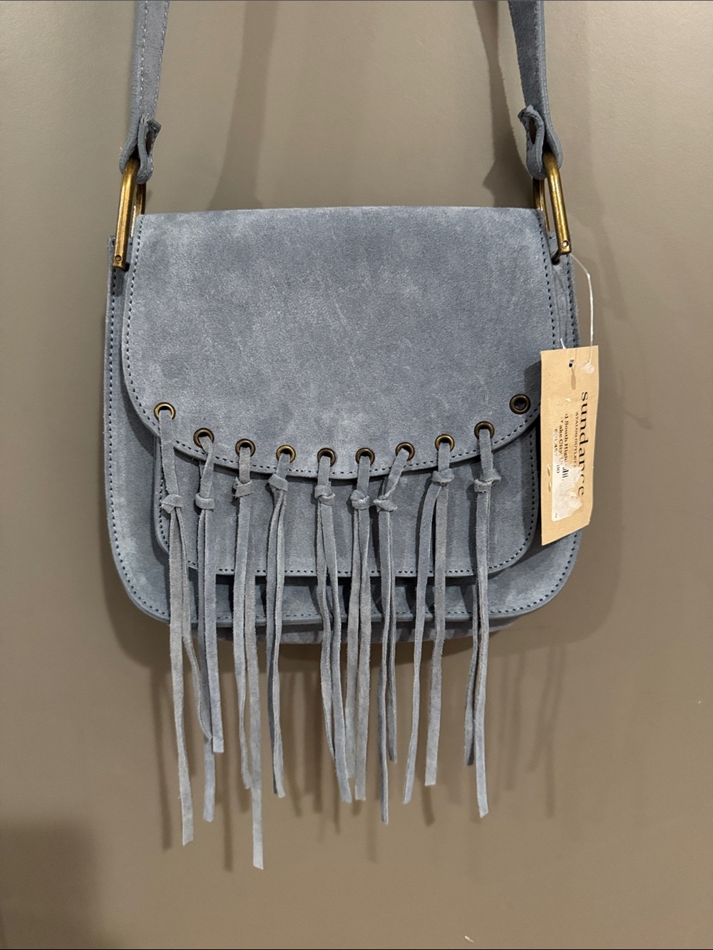 Sundance Light Blue Suede Fringe Crossbody Bag